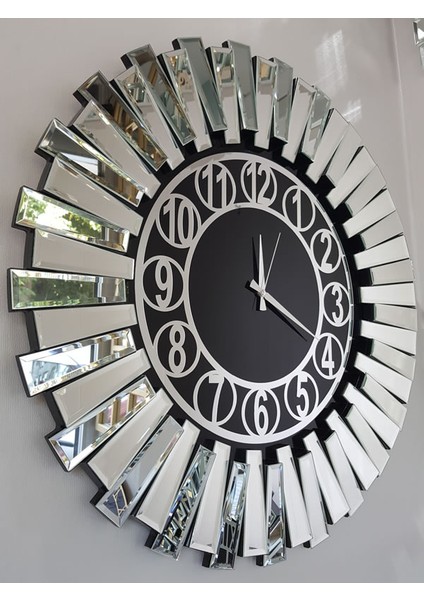 Güneş Silver Circle Black Model Gümüş Siyah Renk 85 Cm Dekoratif Aynalı Duvar Saati