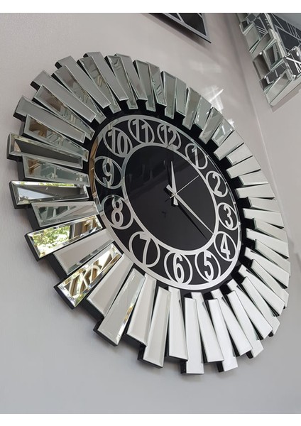 Güneş Silver Circle Black Model Gümüş Siyah Renk 85 Cm Dekoratif Aynalı Duvar Saati fiyatları