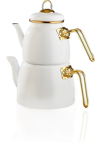 Beyaz Emaye Çaydanlık Takımı, Beyaz Gold Saplı Emaye Çaydanlık Takımı