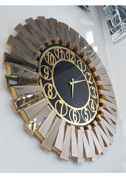 Güneş Golden Circle Black Model Altın Siyah Renk 85 Cm Dekoratif Aynalı Duvar Saati modelleri