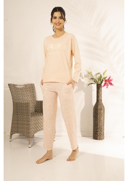 23115 Kadın Desenli Uzun Kollu Yazlık Penye Pijama Takımı