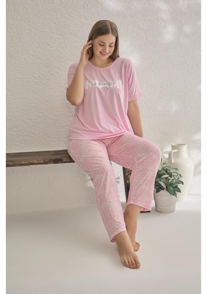 23182 Kadın Miami Kısa Kollu Büyük Beden Yazlık Viskon Pijama Takımı