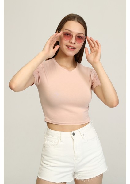 Kadın Pudra Bisiklet Yaka Basic Crop T-Shirt