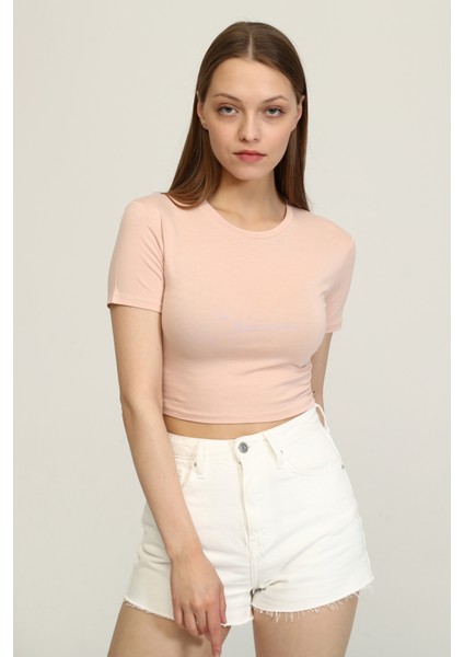 Kadın Pudra Bisiklet Yaka Basic Crop T-Shirt fiyatları