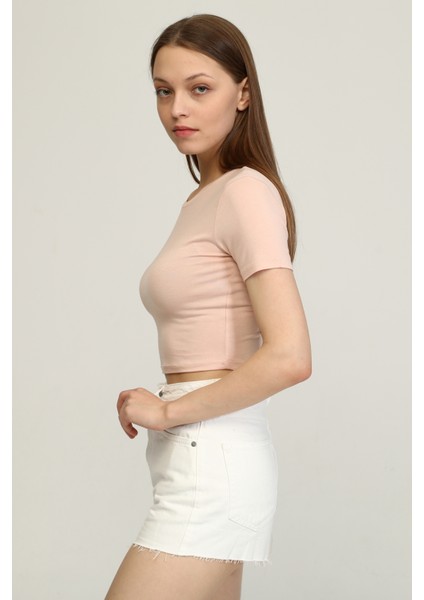 Kadın Pudra Bisiklet Yaka Basic Crop T-Shirt modelleri