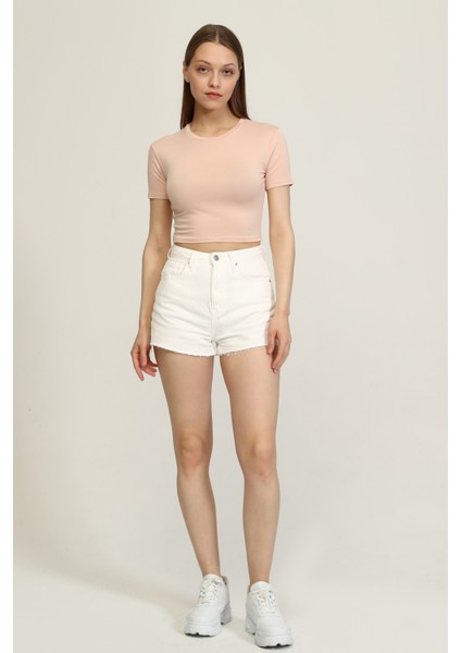 Kadın Pudra Bisiklet Yaka Basic Crop T-Shirt indirimleri