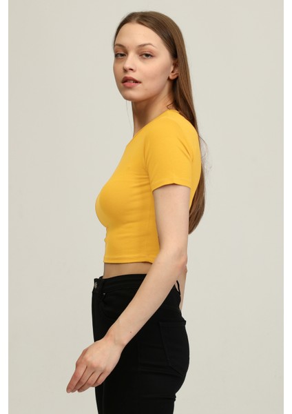Kadın Hardal Bisiklet Yaka Basic Crop T-Shirt