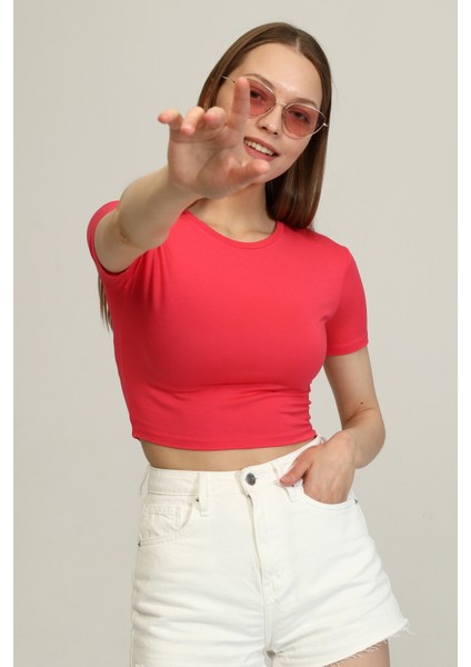 Kadın Pembe Bisiklet Yaka Basic Crop T-Shirt fiyatları