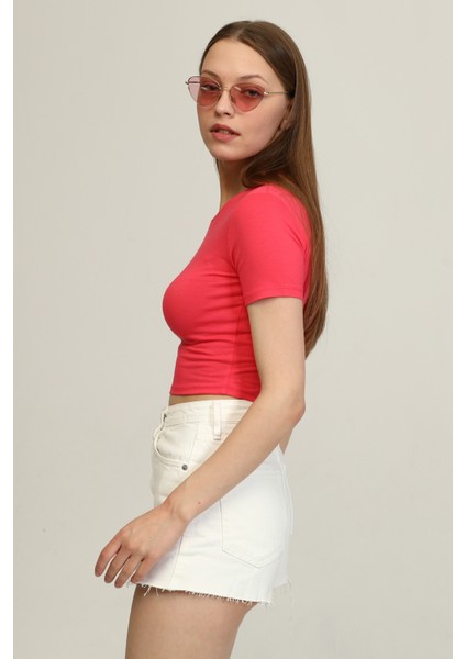 Kadın Pembe Bisiklet Yaka Basic Crop T-Shirt modelleri