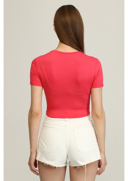 Kadın Pembe Bisiklet Yaka Basic Crop T-Shirt fırsatları