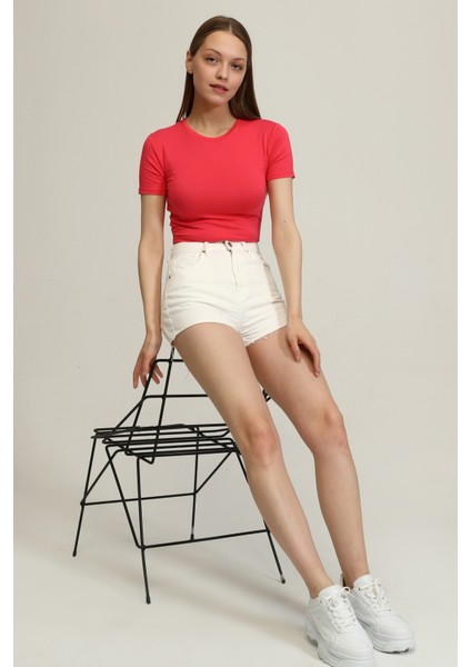 Kadın Pembe Bisiklet Yaka Basic Crop T-Shirt indirimleri