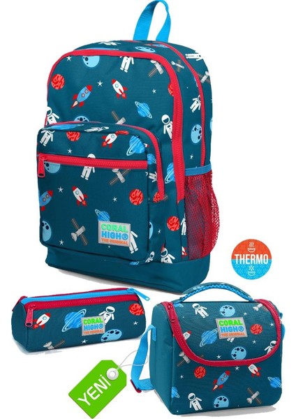 Civit Kırmızı Uzay Desenli Okul Sırt Çantası,thermo Beslenme,kalemlik, 3'lü Okul Set GO23116SET02