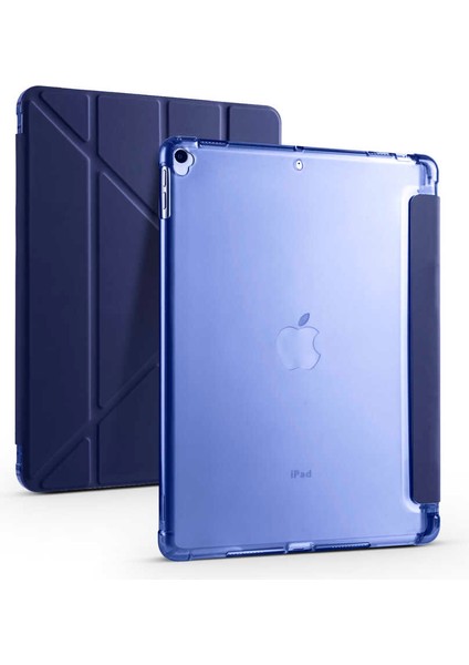 Apple iPad 10.2 8.nesil Kılıf Darbe Emici 4 Farklı Stand Özelliği Kalem Koyma Şeffaf Silikon