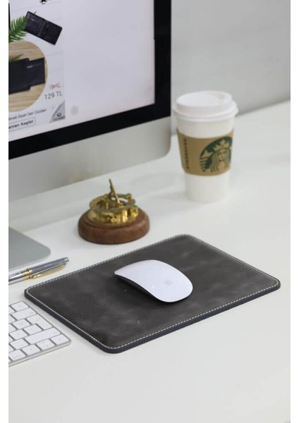 Dikiş Detaylı Antik Gri Deri Mouse Pad 26 x 20 cm