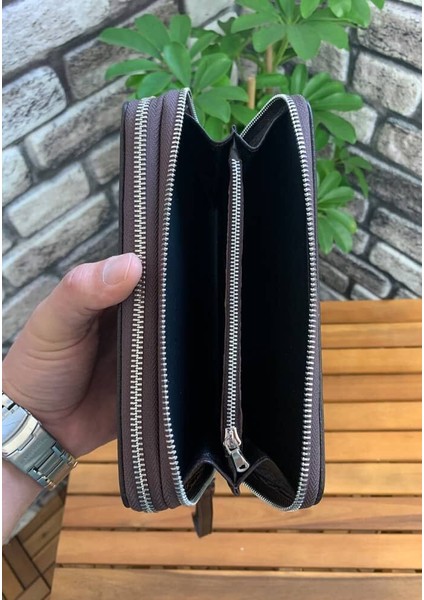 Çift Fermuarlı Kahverengi Deri El Çantası