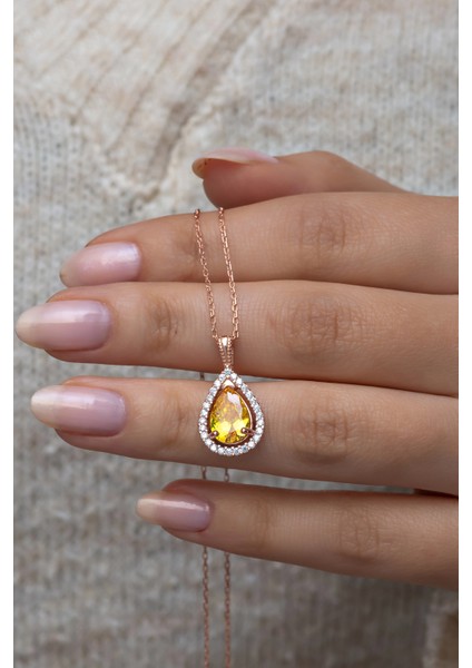 925 Ayar Gümüş Sarı Taşlı Damla Taşlı Tasarım Kolye