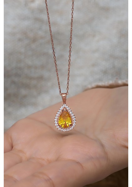 925 Ayar Gümüş Sarı Taşlı Damla Taşlı Tasarım Kolye fiyatları