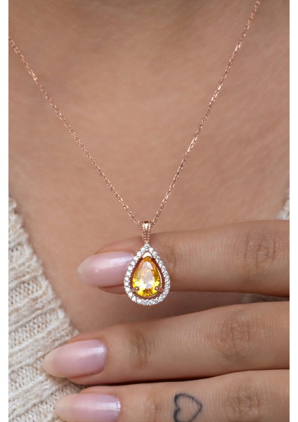 925 Ayar Gümüş Sarı Taşlı Damla Taşlı Tasarım Kolye modelleri