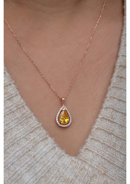 925 Ayar Gümüş Sarı Taşlı Damla Taşlı Tasarım Kolye fırsatları