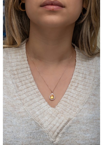 925 Ayar Gümüş Sarı Taşlı Damla Taşlı Tasarım Kolye indirimleri