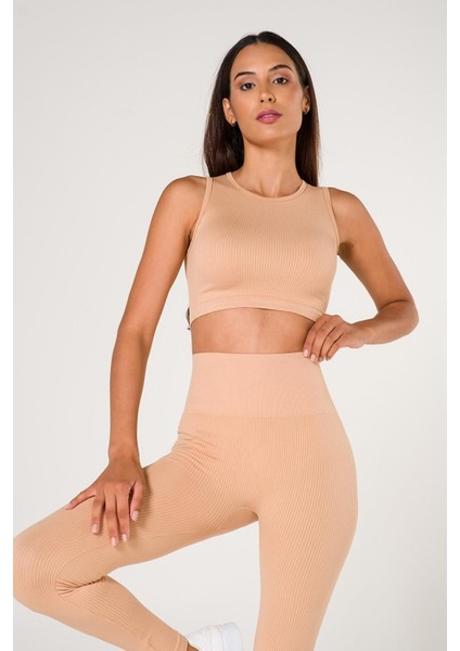 Fitilli Crop Top Büstiyer Seamless Spor Sütyeni Krem