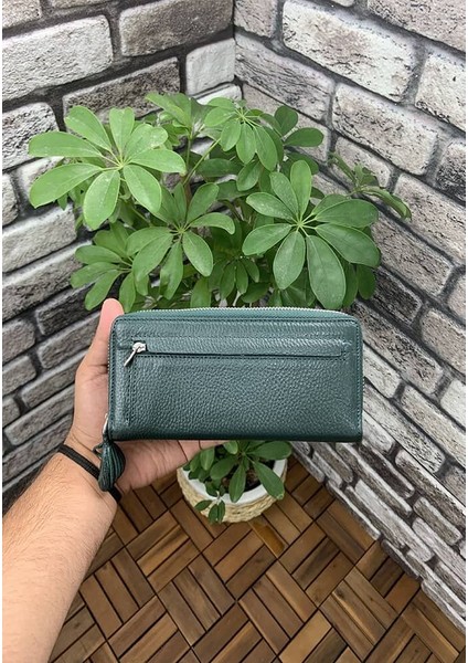 Yeşil Fermuarlı ve Deri Patlı El Portföyü