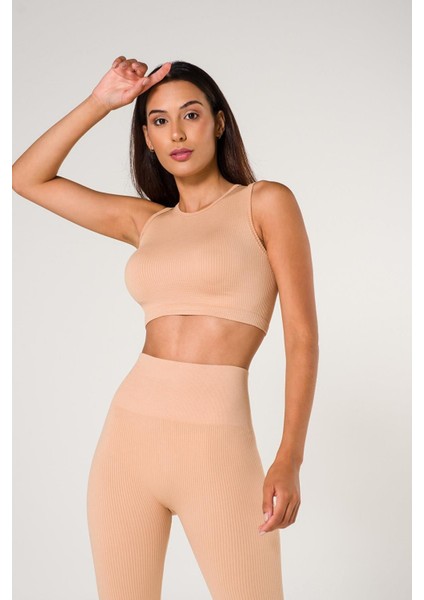 Fitilli Crop Top Büstiyer Seamless Spor Sütyeni Krem modelleri