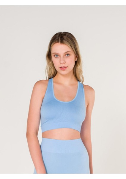 Fitilli Çapraz Detaylı Crop Top Büstiyer Seamless Spor Sütyeni Mavi fiyatları