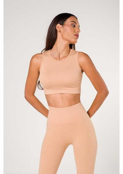 Fitilli Crop Top Büstiyer Seamless Spor Sütyeni Krem