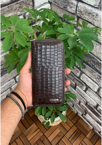 Kahverengi Croco Baskılı Fermuarlı Portföy Cüzdan