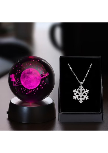 Satürn Işıklı Cam Küre 8cm*6cm Kar Tanesi Kolye Hediyeli
