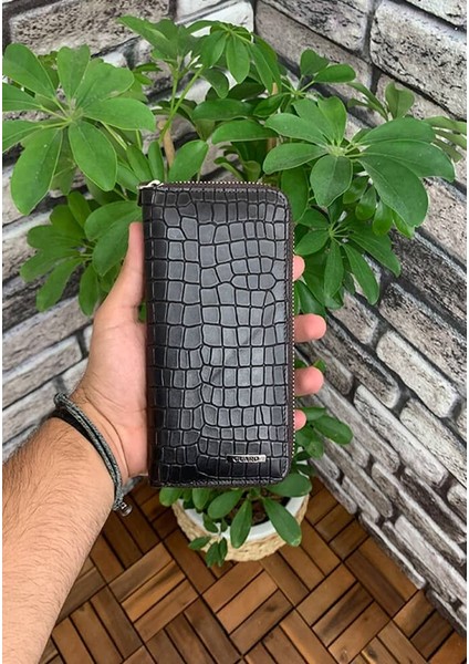 Koyu Kahverengi Croco Baskılı Fermuarlı Portföy Cüzdan
