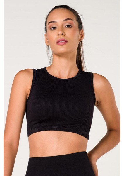 Secret Moda Fitilli Crop Top Büstiyer Seamless Spor Sütyeni Siyah