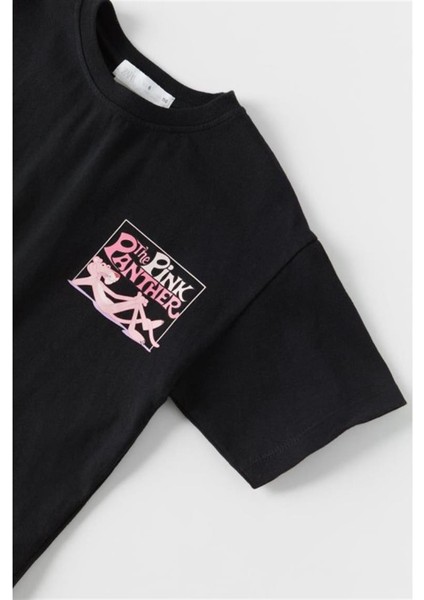 Mojo Kız Çocuk Pembe Panter Desenli Kısa Kol T-Shirt 1746 Siyah