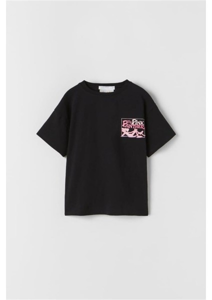 Mojo Kız Çocuk Pembe Panter Desenli Kısa Kol T-Shirt 1746 Siyah