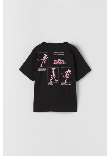 Mojo Kız Çocuk Pembe Panter Desenli Kısa Kol T-Shirt 1746 Siyah