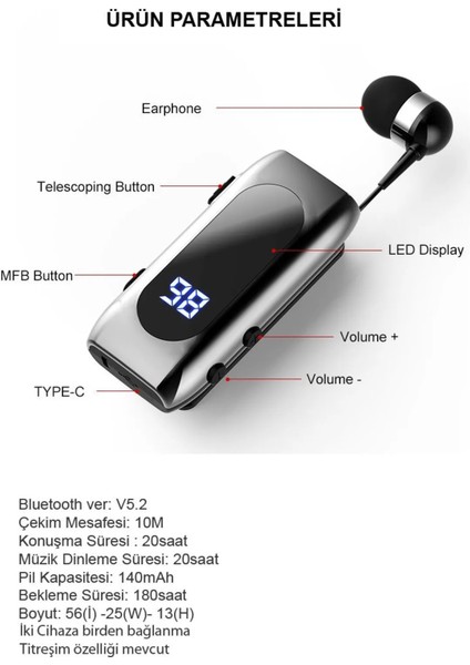 DS-F210 LED Ekranlı 25SAAT Konuşma Süreli Makaralı Bluetooth Kulaklık
