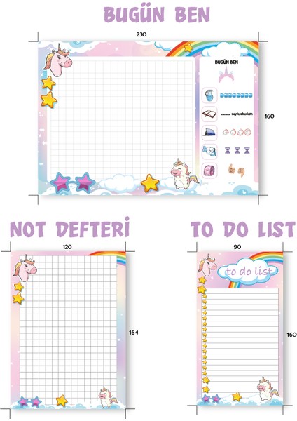 E-OLUR Bugün Ben Sorumluluklarım Defteri, Not Defteri, To Do List, Unicorn Desenli, Üstten Tutkallı