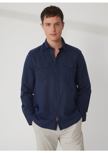 Regular Fit Lacivert Düz Erkek Gömlek DTEGM05_DENIM Trip Regular Fit Laci fırsatları