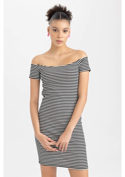 Bodycon Kayık Yaka Fitilli Kaşkorse Mini Kısa Kollu Elbise A7363AX23SM