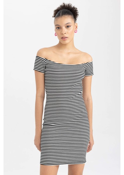 Bodycon Kayık Yaka Fitilli Kaşkorse Mini Kısa Kollu Elbise A7363AX23SM modelleri