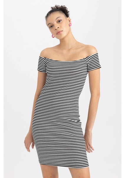 Bodycon Kayık Yaka Fitilli Kaşkorse Mini Kısa Kollu Elbise A7363AX23SM indirimleri