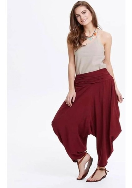 Drape Bel Detaylı Dökümlü Bordo Şalvar Pantolon