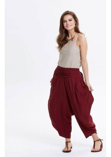 Drape Bel Detaylı Dökümlü Bordo Şalvar Pantolon