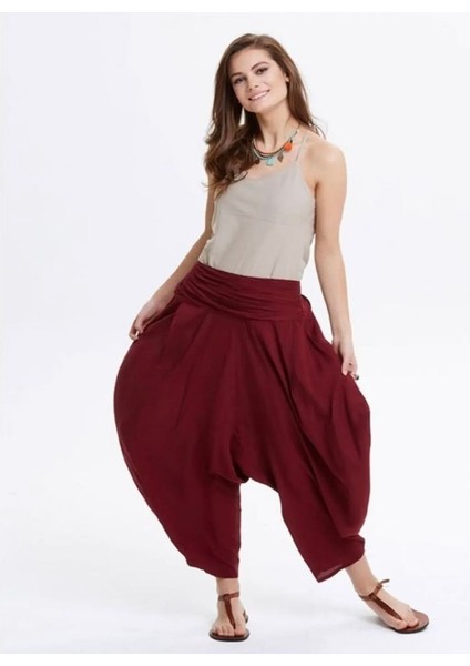 Drape Bel Detaylı Dökümlü Bordo Şalvar Pantolon