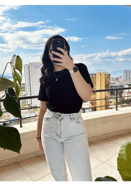 Kısa Kol Düz Bisiklet Yaka Tişört Siyah