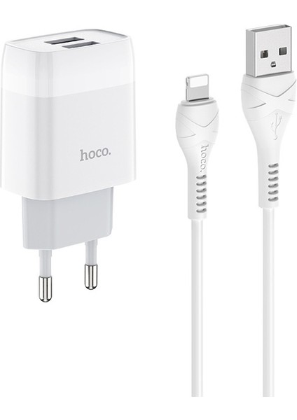 Hoco C73A Çift USB Girişli Hızlı Şarj Adaptörü ve Hızlı Iphone Şarj Kablosu 1m