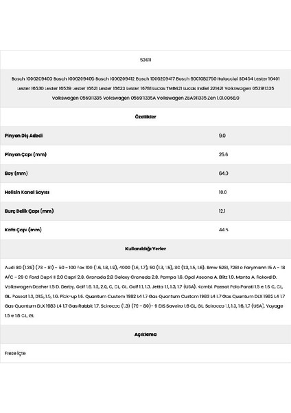 53611 Vw 10 Kanal 9 Diş 10062094 Marş Dişlisi fiyatları