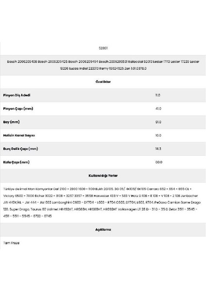 52891 Man 10 Kanal 11 Diş 20062094 Marş Dişlisi fiyatları