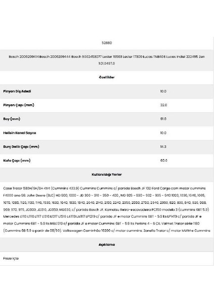 52880 Valmet 10 Kanal 10 Diş 20062094 Marş Dişlisi fiyatları